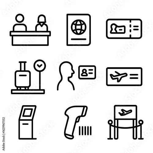 Airport Check-In Icons. Outline icon set of airport check-in: check-in counter, passport, boarding pass, luggage scale, ID