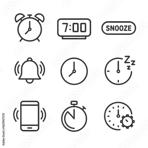 Alarm Clock Icons. Outline icon set of alarm clock: classic alarm clock, digital alarm, snooze button, ringing bell, clock face,