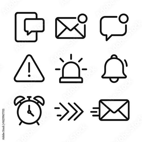 Alert Icons Grid. Outline icon set of rush notifications: push alert, email notification, chat bubble, bell icon, exclamation mark