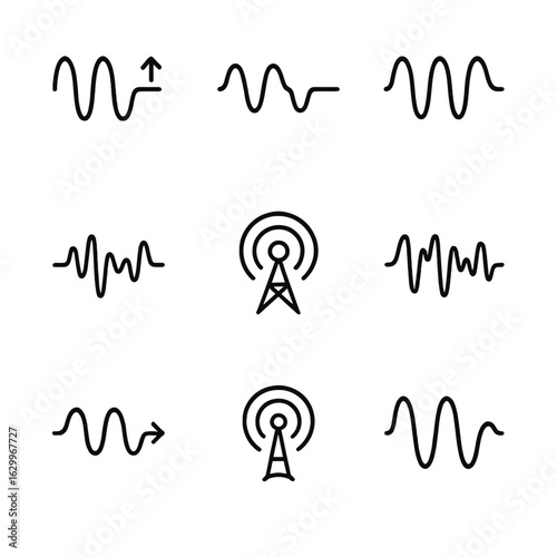 Amplitude Modulation Icons. Outline icon set of amplitude modulation: modulation index, carrier wave, amplitude shift, audio