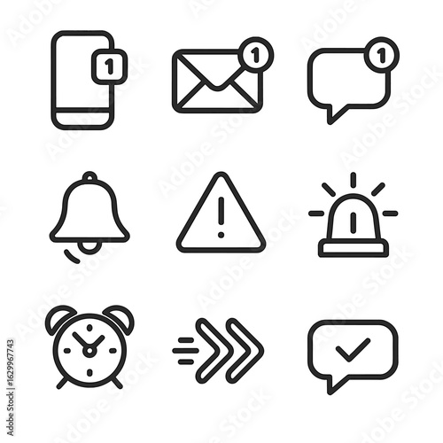 Alert Icons Grid. Outline icon set of rush notifications: push alert, email notification, chat bubble, bell icon, exclamation mark