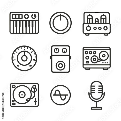 Analog Music Icon Set. Outline icon set of analog musical instruments and gear: analog synthesizer knob, tube amplifier, guitar