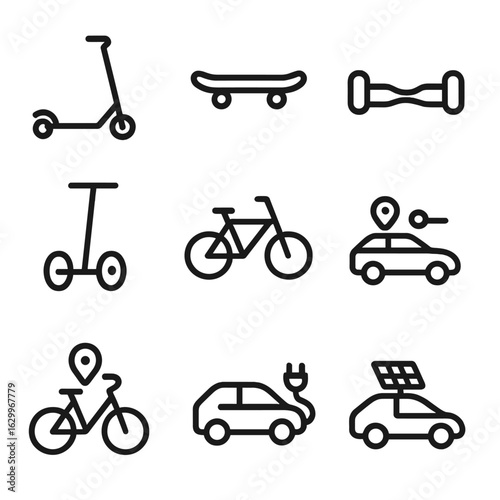 Alternative Transport Icons. Outline icon set of alternative transport: electric scooter, skateboard, hoverboard, segway, electric