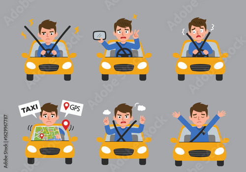 A set of cartoon illustrations depicting a male driver in a yellow car experiencing various emotions and situations, from frustration with a broken steering ...