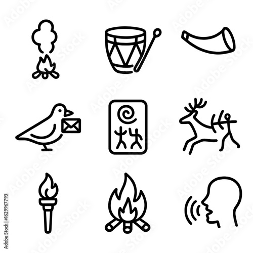 Ancestral Communication Icons. Outline icon set of ancestral communication: smoke signals, drum, horn, messenger bird, carved