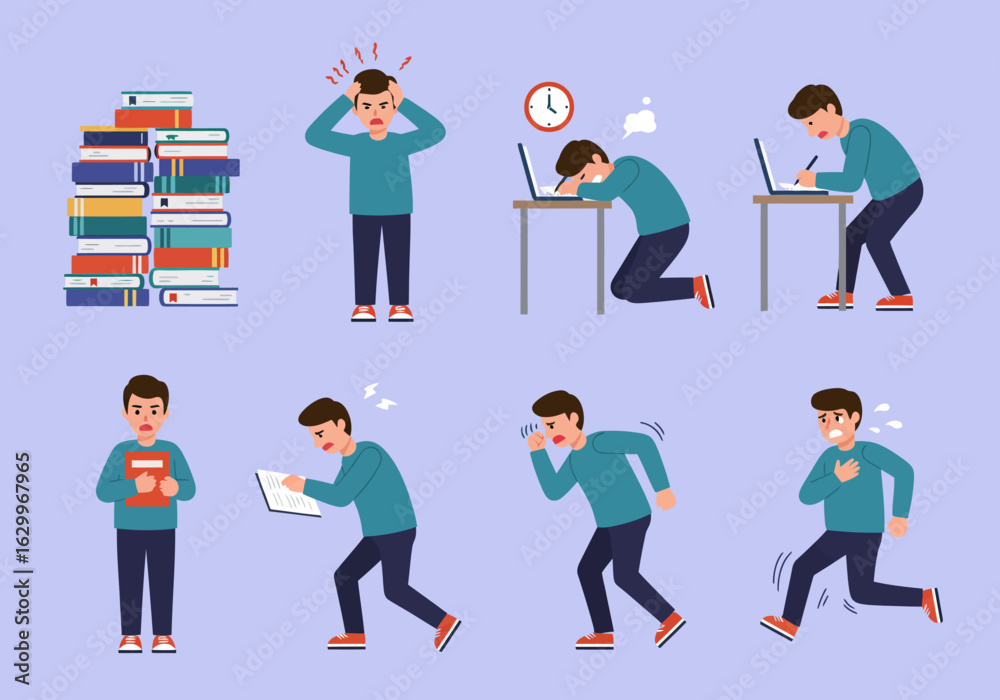 Fototapeta premium A set of illustrations showing a stressed young man overwhelmed by books, work, and deadlines, experiencing anxiety and exhaustion.
