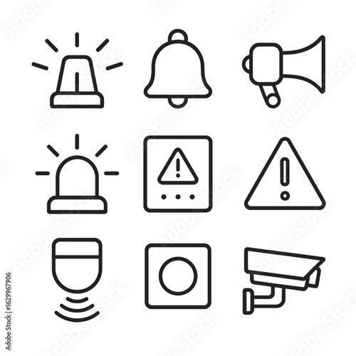 Alarm System Icons. Outline icon set of clang in alarm systems: siren, bell, horn, flashing light, security alarm, alert, motion