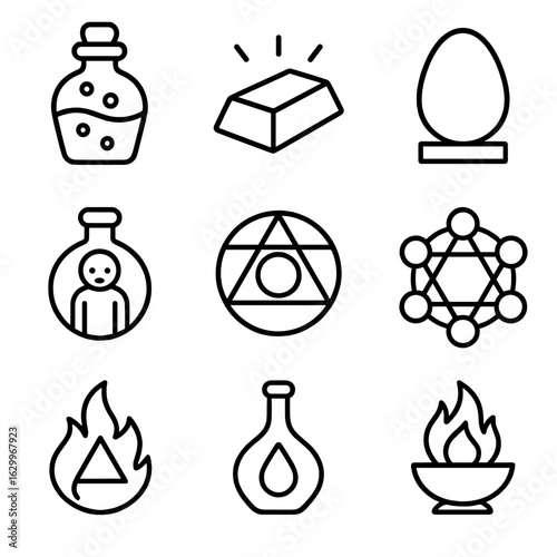 Alchemy Icon Set. Outline icon set of legendary alchemy: elixir of life, gold ingot, philosopher’s egg, homunculus, transmutation
