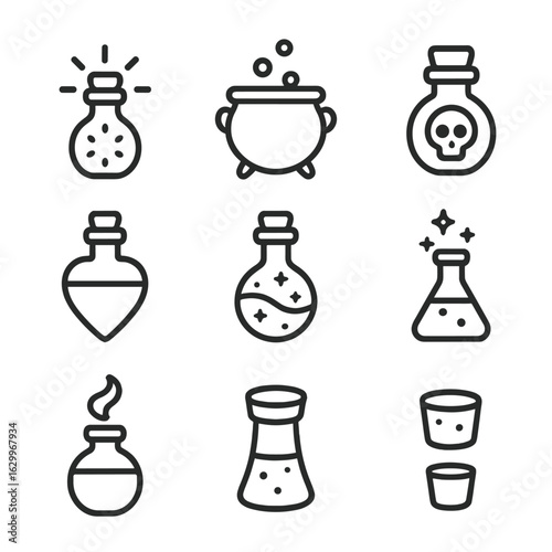 Alchemy Potion Icons. Outline icon set of alchemy potions and elixirs: glowing bottle, bubbling cauldron, poison vial, healing