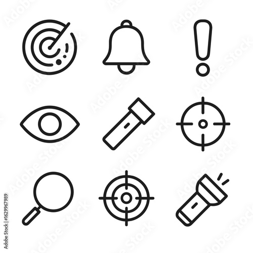 Alertness Icon Set. Outline icon set of alertness and awareness: radar, alert bell, exclamation mark, eye, spotlight, crosshair,