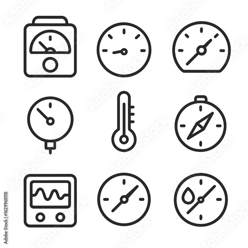 Analog Measurement Icons. Outline icon set of analog measurement: voltmeter, ammeter, speedometer, pressure gauge, thermometer,
