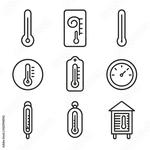 Analog Thermometer Icons. Outline icon set of analog thermometers: mercury thermometer, bimetal coil thermometer, traditional wall