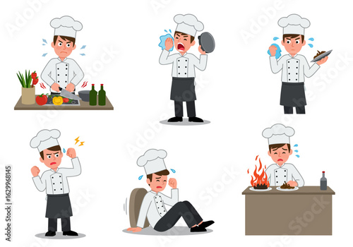 A collection of a cartoon chef character experiencing various stressful situations and negative emotions like anger, exhaustion, and panic in the kitchen.