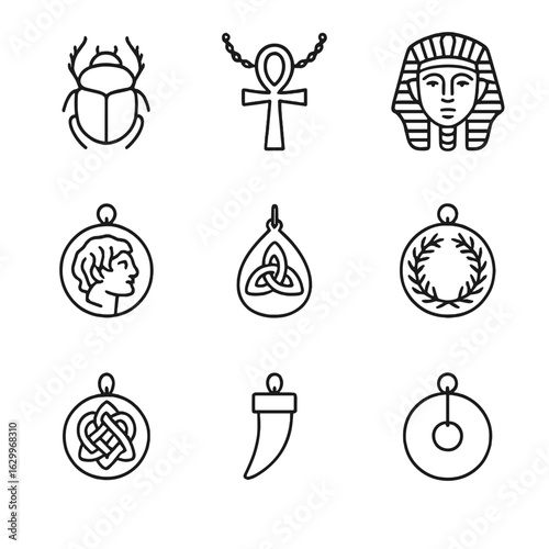 Ancient Amulet Icons. Outline icon set of ancient amulets: scarab beetle, ankh necklace, pharaoh charm, Greek coin pendant,