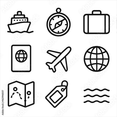 Ancestry Journey Icons. Outline icon set of ancestry and migration: ship, compass, suitcase, passport, airplane, globe, route map,