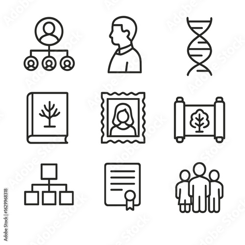 Ancestry Icon Set. Outline icon set of ancestry concepts: family tree, ancestor silhouette, DNA strand, genealogy book, old