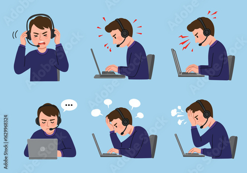 A man wearing a headset experiences various emotions of frustration, anger, and stress while working on a laptop, depicted in a series of six illustrations.