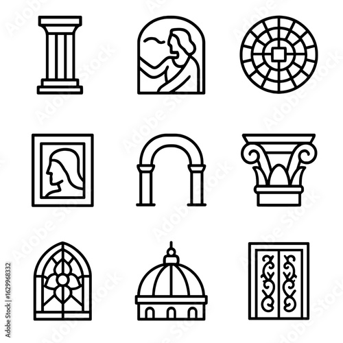 Ancient Architecture Icons. Outline icon set of ancient architecture details: stone pillar, fresco, mosaic, bas-relief, archway,