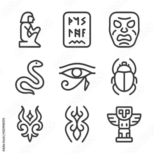 Ancient Curse Icons. Outline icon set of ancient curse symbols: hieroglyph, ancient script, stone tablet, cursed mask, serpent,