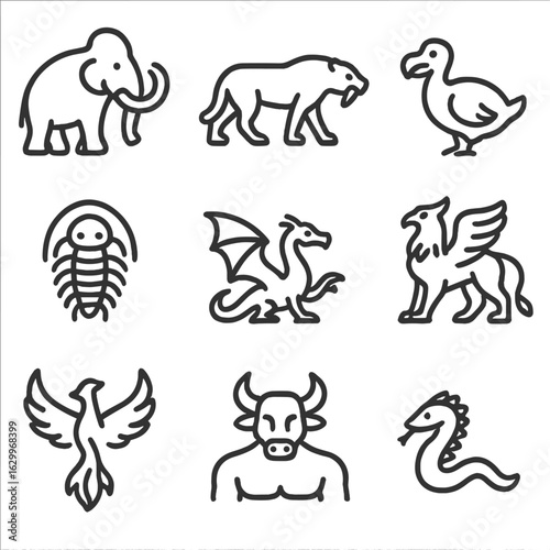 Ancient Creature Icon Set. Outline icon set of ancient creatures: mammoth, saber tooth tiger, dodo bird, trilobite, dragon,