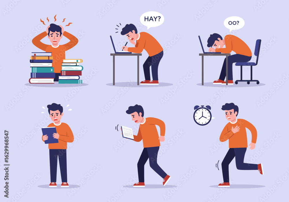 Naklejka premium A set of illustrations depicting a stressed man dealing with deadlines, overwork, confusion, and exhaustion.