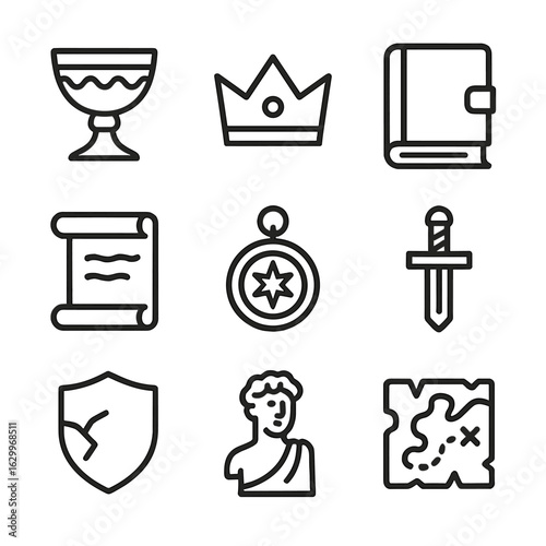 Ancient Relics Icons. Outline icon set of relic remains: chalice, crown, old book, scroll, amulet, sword hilt, shield fragment,