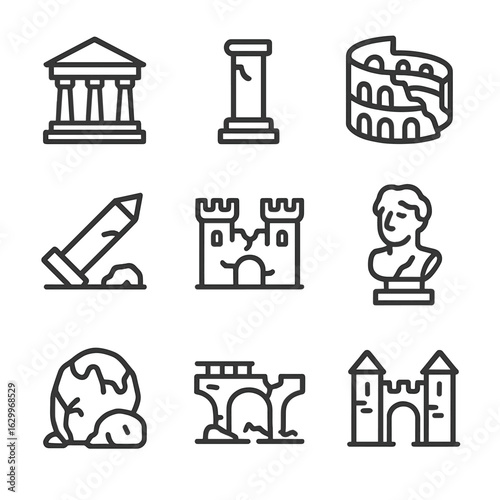 Ancient Ruins Icons. Outline icon set of ancient ruins: stone temple, broken pillar, ruined amphitheater, fallen obelisk, ruined