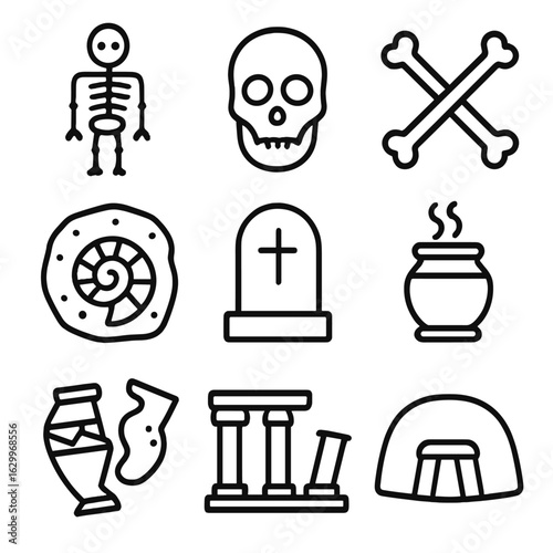 Ancient Remains Icon Set. Outline icon set of remains: skeleton, skull, bones, fossil, tombstone, ashes, broken artifacts, ancient