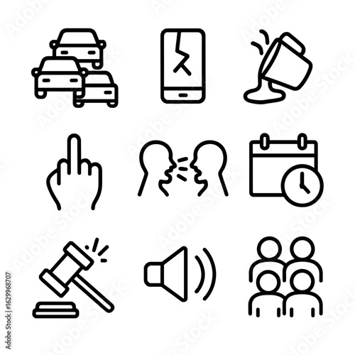 Anger Trigger Icons. Outline icon set of anger triggers: traffic jam, broken phone, spilled coffee, rude gesture, argument,