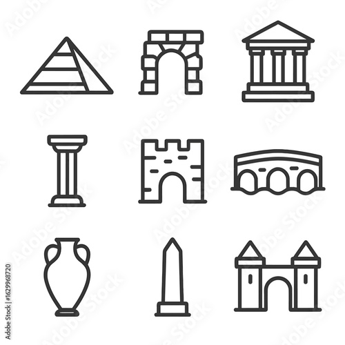 Ancient Architecture Icons. Outline icon set of ancient architecture: pyramid, stone arch, temple, column, fortress wall, stone