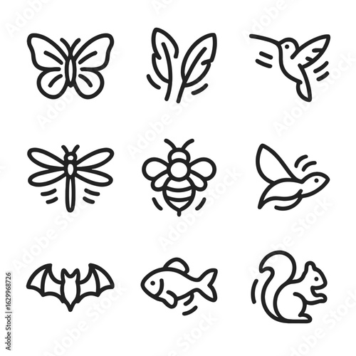 Animal Flutter Icons. Outline icon set of flutter in animals and insects: butterfly wings, bird feathers, hummingbird flight,