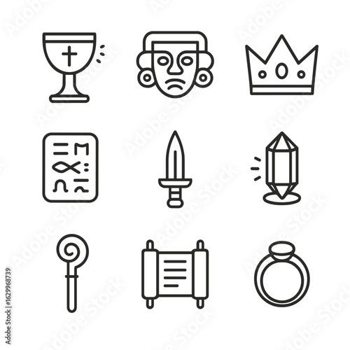 Ancient God Artifacts Icons. Outline icon set of ancient god artifacts: sacred chalice, ceremonial mask, golden crown, ancient