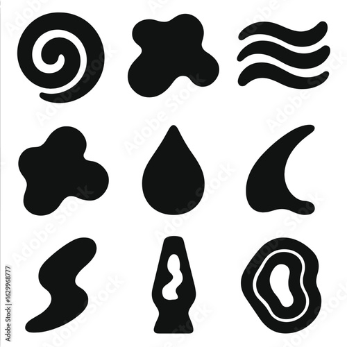Abstract Fluid Icons. Solid, filled icons set of fluid and organic form trends: swirl shape, abstract puddle,