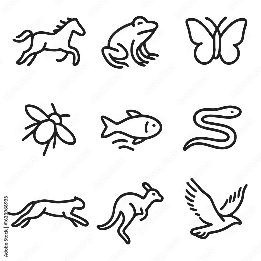 Fototapeta premium Animal Movement Icons. Outline icon set of animal movement: galloping horse, hopping frog, flying butterfly, crawling insect,