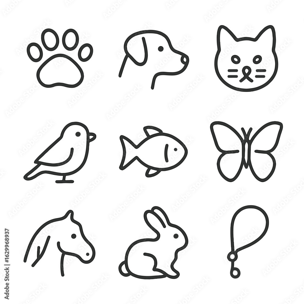 Fototapeta premium Animal Passion Icons. Outline icon set of passion for animals: paw print, dog, cat, bird, fish, butterfly, horse, rabbit, leash.