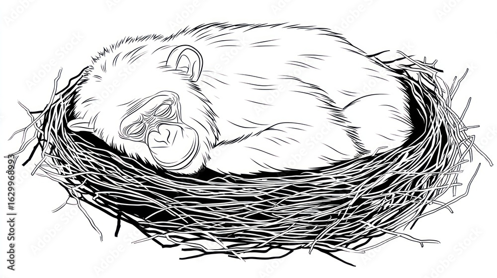 Obraz premium A chimpanzee resting in a nest. Line art illustration