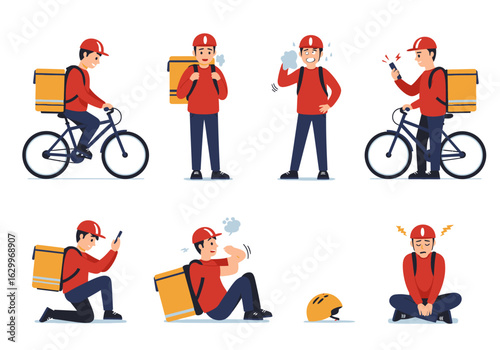 A collection of illustrations showing a delivery courier with his bike, expressing various emotions like fatigue and frustration.