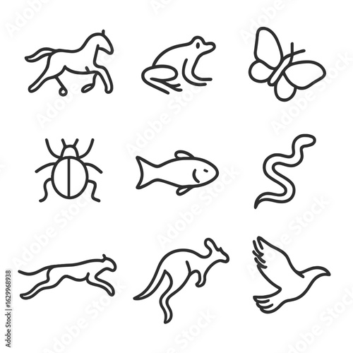 Animal Movement Icons. Outline icon set of animal movement: galloping horse, hopping frog, flying butterfly, crawling insect,