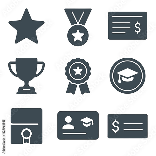 Academic Awards Icons. Solid, filled icons set of academic awards and honors: gold star, honor medal,