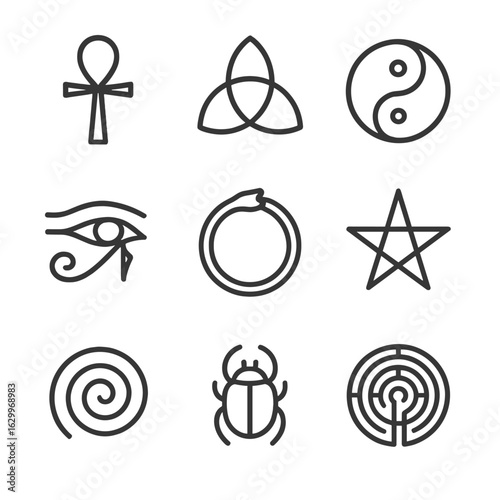 Ancient Symbol Icons. Outline icon set of ancient symbols: ankh, triquetra, yin yang, eye of Horus, ouroboros, pentagram, spiral,