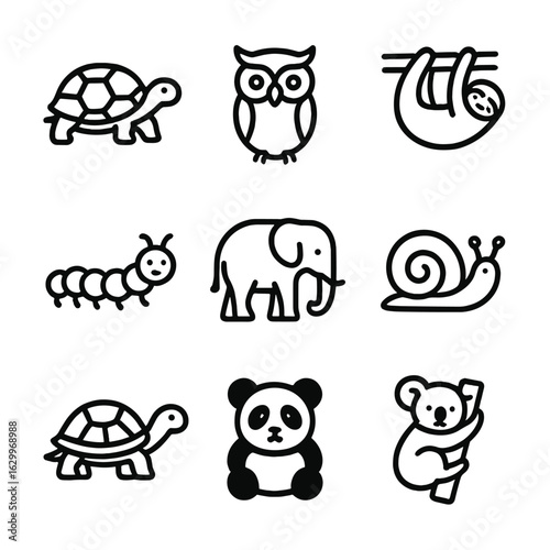 Animal Patience Icons. Outline icon set of patience in animals: tortoise, owl, sloth, caterpillar, elephant, snail, turtle, panda,