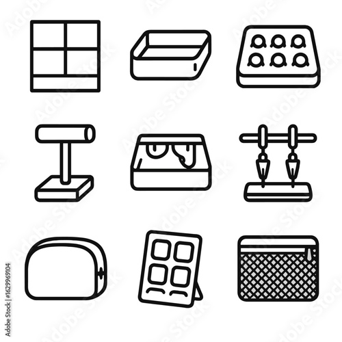 Accessory Organizer Icons. Outline icon set of accessory storage and organization: compartment dividers,