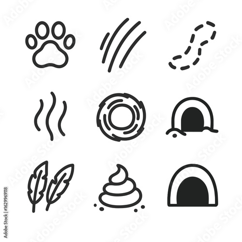 Animal Tracking Icons. Outline icon set of animal tracking instincts: paw print, claw mark, trail, scent mark, nest, burrow,