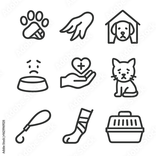 Animal Care Icons. Outline icon set of suffering in animals: injured paw, broken wing, shelter, food bowl, veterinary care, sad