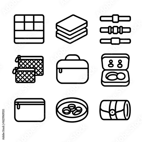 Accessory Storage Icons. Outline icon set of accessory storage solutions: modular dividers, stackable trays,