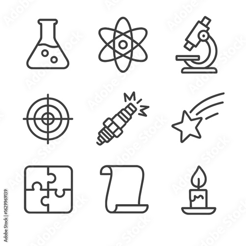Accidental Genius Icons. Outline icon set of accidental genius: laboratory flask, atom, microscope, target,