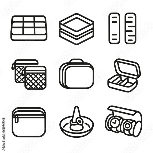 Accessory Storage Icons. Outline icon set of accessory storage solutions: modular dividers, stackable trays,