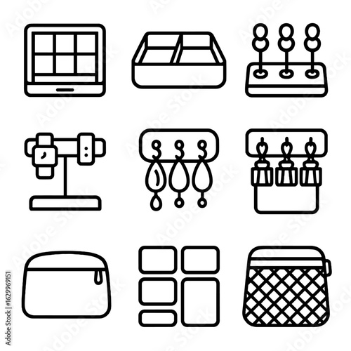 Accessory Organizer Icons. Outline icon set of accessory storage and organization: compartment dividers,