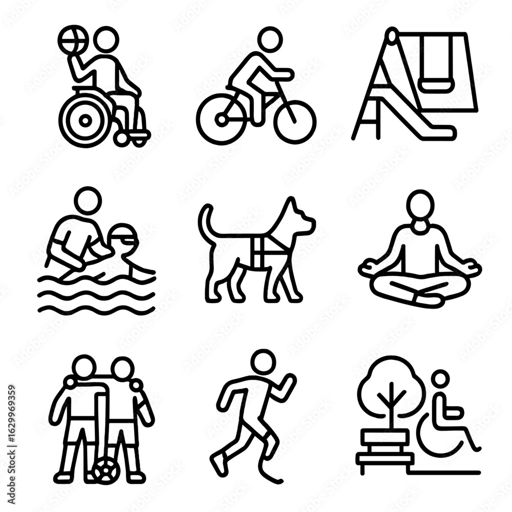 Naklejka premium Adaptive Sports Icon Set. Outline icon set of sports and recreation: wheelchair basketball, adaptive cycling,