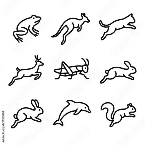 Animal Motion Icons. Outline icon set of animal leap: frog jump, kangaroo hop, cat pounce, deer leap, rabbit bound, grasshopper